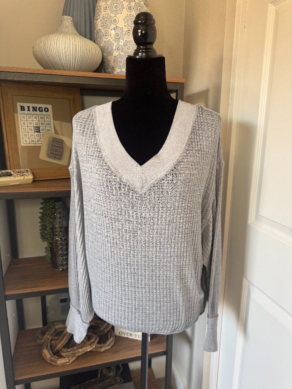 We The Free Grey Double V Oversized Ribbed Top - Size M
